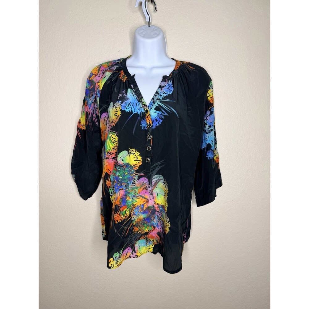 Yumi Kim Silk Henley Blouse Tie Sleeves Black Neon Floral Print SZ Small